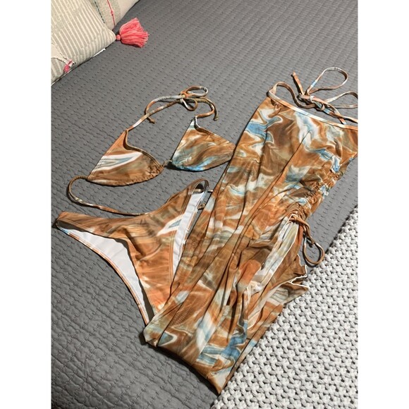 3 PC Bikini with Dress Coverup Swim - Blue/Brown/White Marble - Size S/4 - NWOT - Picture 1 of 4